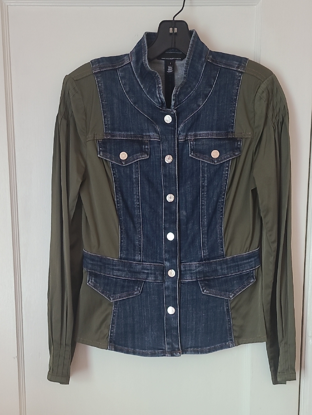 White House Black Market Olive & Dark Denim Mixed-Media Jacket